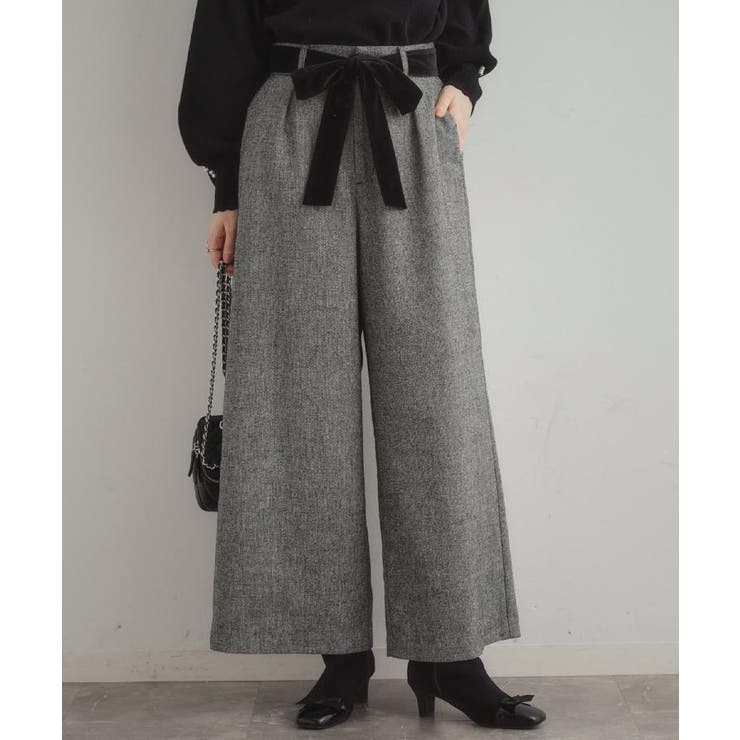 ブラック(019) | 【上品華やか・通勤】ラメツイード ワイドパンツ | Couture brooch
