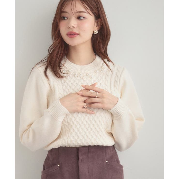 【きれいめ】パール調デザイン アラン柄ニット | Couture brooch | 詳細画像6 