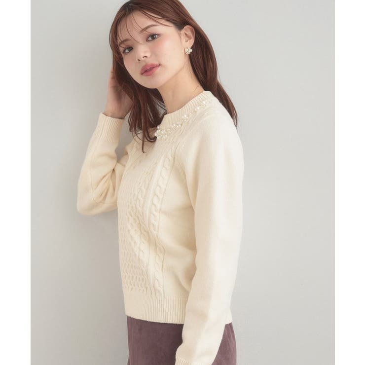 【きれいめ】パール調デザイン アラン柄ニット | Couture brooch | 詳細画像7 