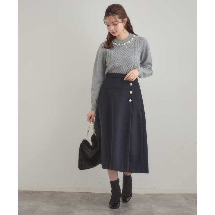 【きれいめ】パール調デザイン アラン柄ニット | Couture brooch | 詳細画像15 