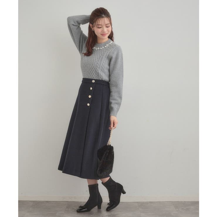 【きれいめ】パール調デザイン アラン柄ニット | Couture brooch | 詳細画像16 