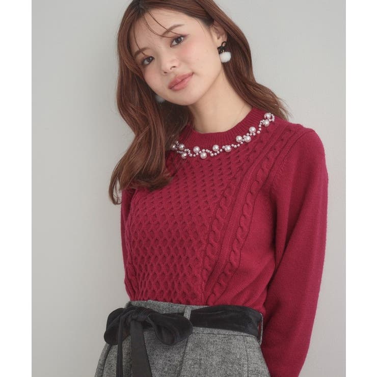 【きれいめ】パール調デザイン アラン柄ニット | Couture brooch | 詳細画像30 