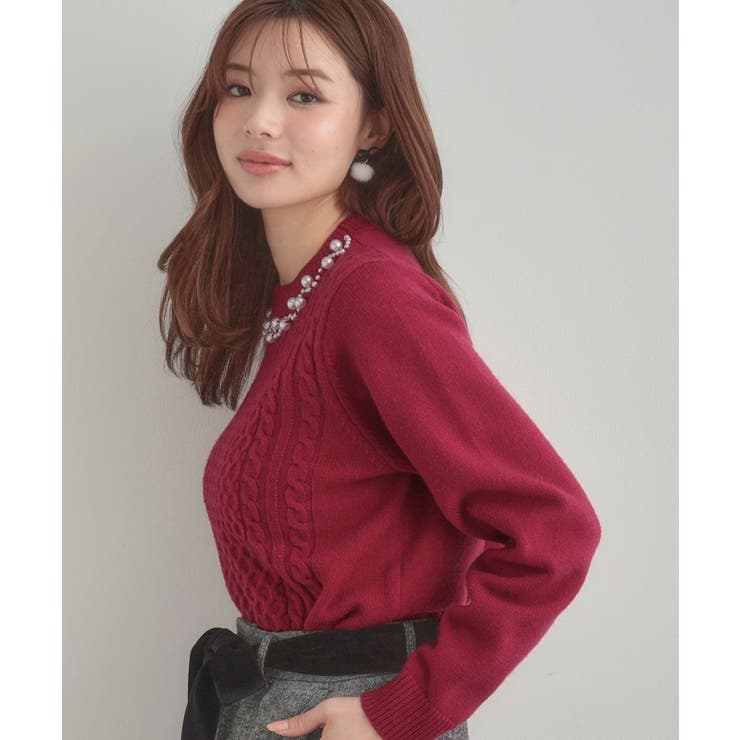 【きれいめ】パール調デザイン アラン柄ニット | Couture brooch | 詳細画像31 