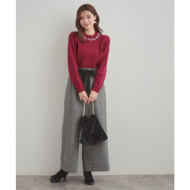 【きれいめ】パール調デザイン アラン柄ニット | Couture brooch | 詳細画像25 