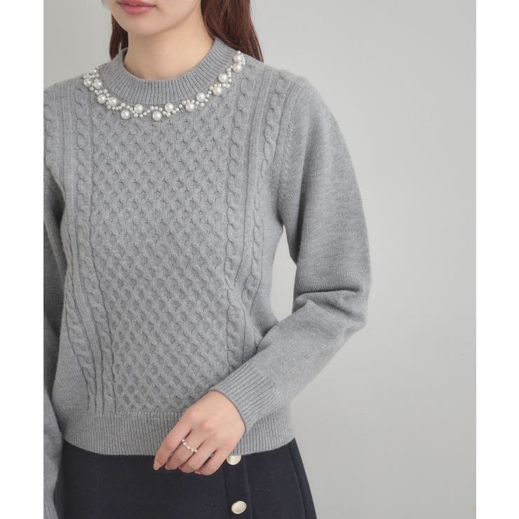 【きれいめ】パール調デザイン アラン柄ニット | Couture brooch | 詳細画像44 