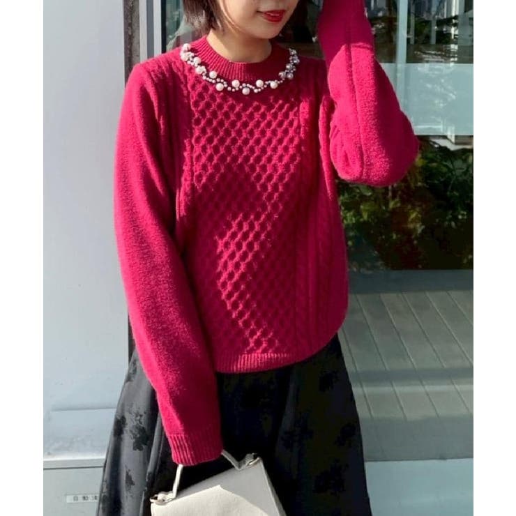 【きれいめ】パール調デザイン アラン柄ニット | Couture brooch | 詳細画像36 