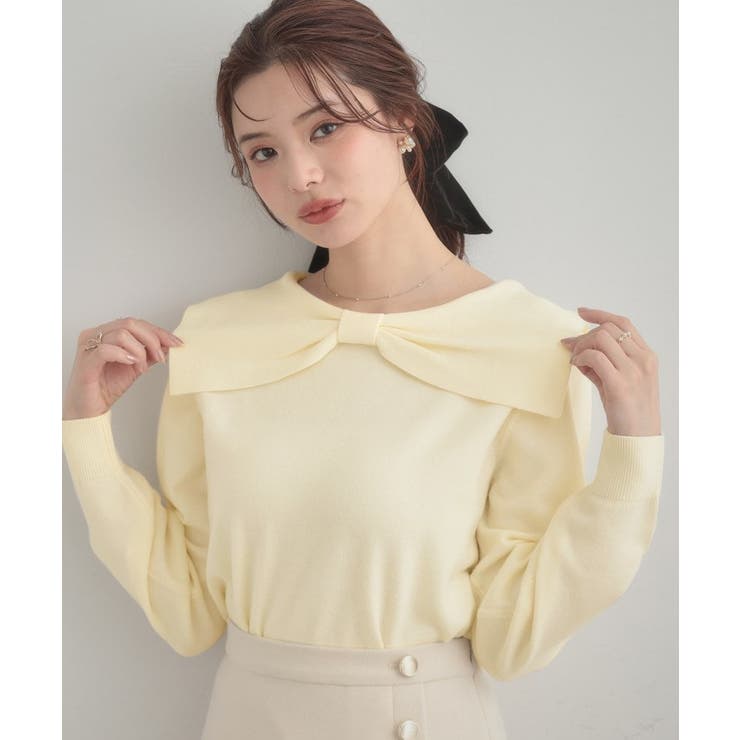 オフホワイト(003) | 【着映え】リボンカラー デザインニット | Couture brooch