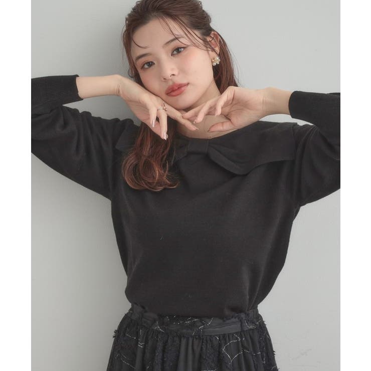 ブラック(019) | 【着映え】リボンカラー デザインニット | Couture brooch