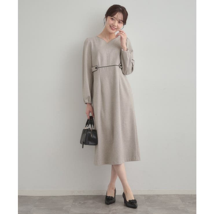 【通勤・起毛ポンチ】配色Aラインワンピース | Couture brooch | 詳細画像1 