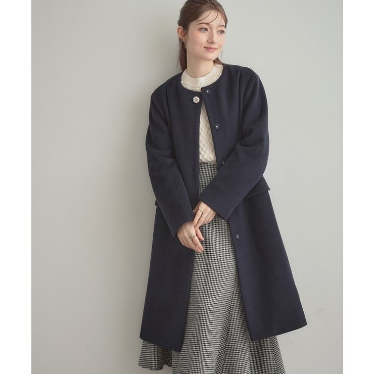 ネイビー(094) | 【通勤/ビジューブローチ付き】ノーカラー ロングコート | Couture brooch