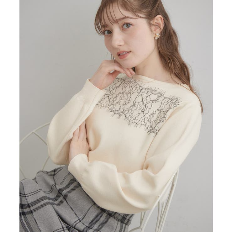 オフホワイト(003) | 【洗える・通勤】レース ドッキング ニット | Couture brooch