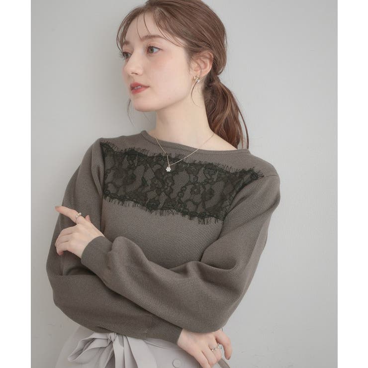 チャコールグレー(014) | 【洗える・通勤】レース ドッキング ニット | Couture brooch