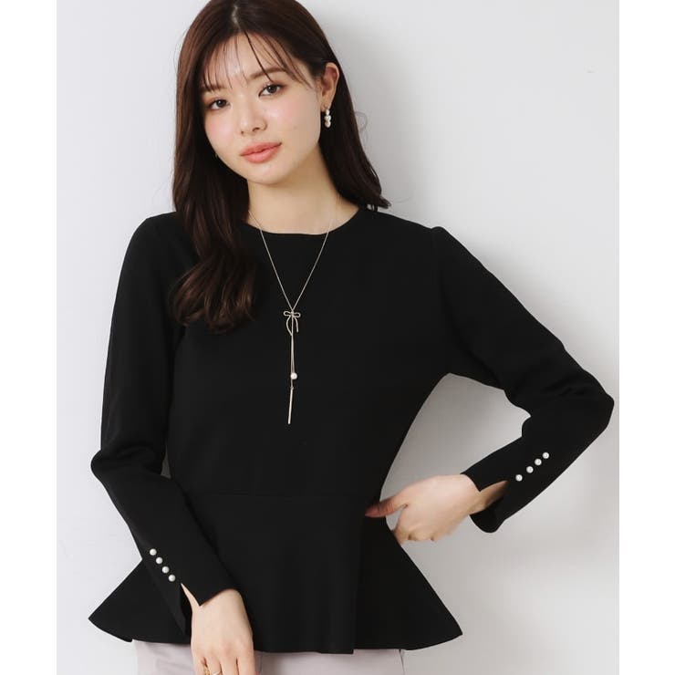 ブラック(019) | 【大人可愛い・通勤】バックパール調ペプラムニット | Couture brooch