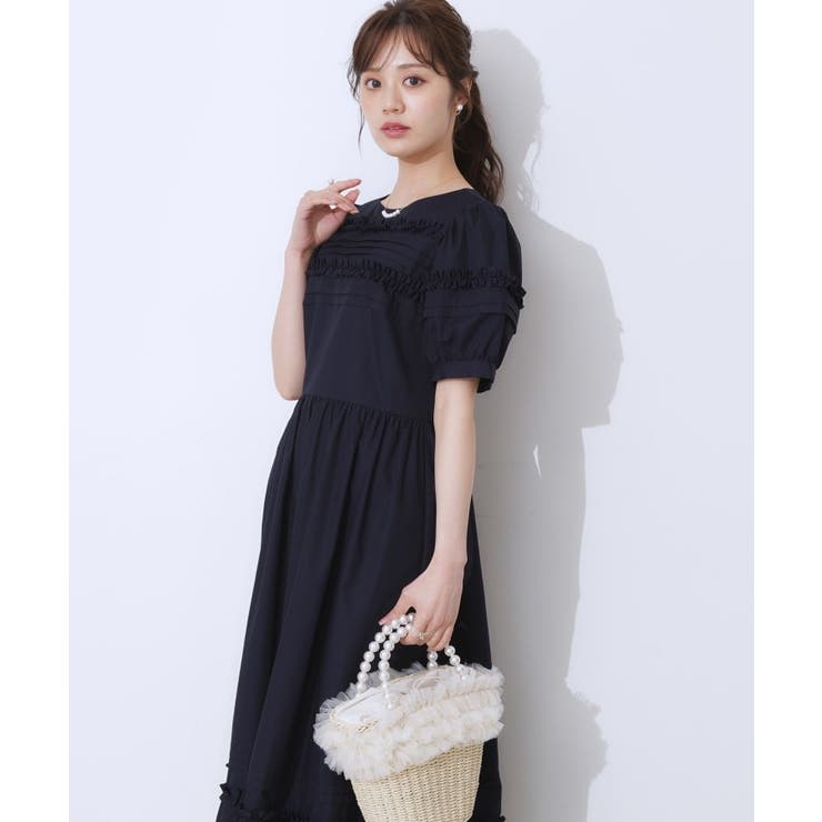 ネイビー(094) | エシカルコットン タック＆フリルワンピース | Couture brooch