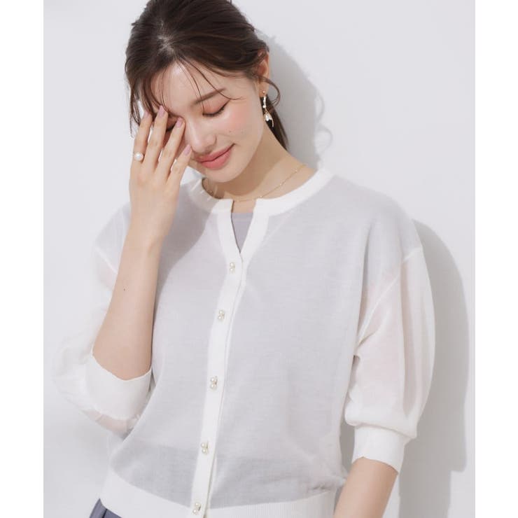 【前後2WAY・二の腕カバー】ダブルパール調釦5分袖シアーカーディガントップス | Couture brooch | 詳細画像5 