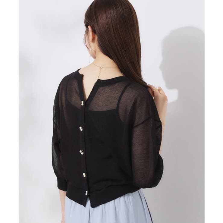 【前後2WAY・二の腕カバー】ダブルパール調釦5分袖シアーカーディガントップス | Couture brooch | 詳細画像25 
