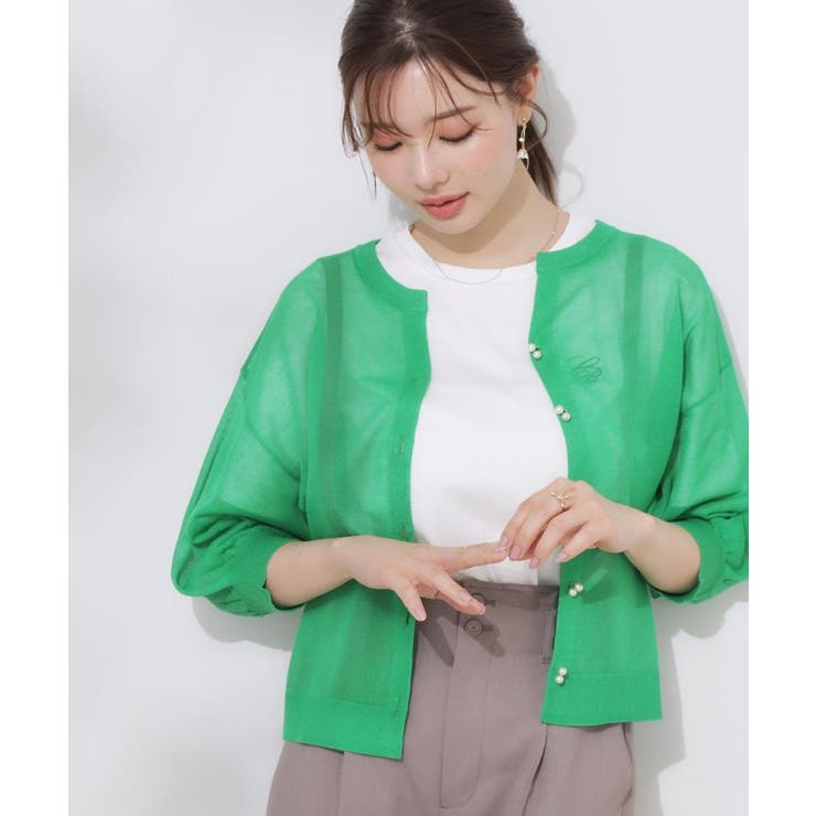 【前後2WAY・二の腕カバー】ダブルパール調釦5分袖シアーカーディガントップス | Couture brooch | 詳細画像31 