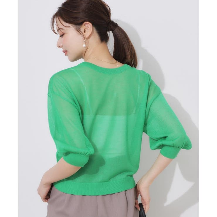 【前後2WAY・二の腕カバー】ダブルパール調釦5分袖シアーカーディガントップス | Couture brooch | 詳細画像32 