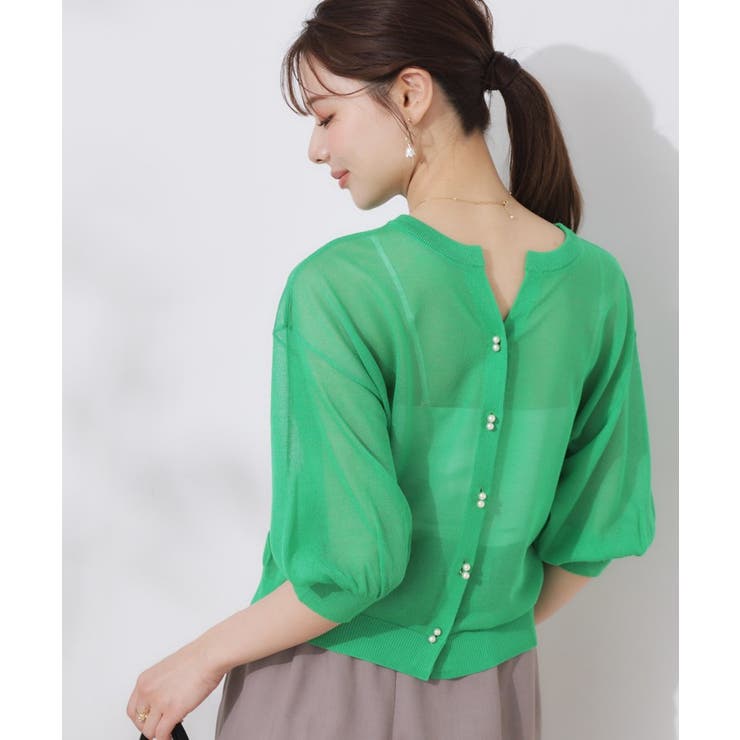 【前後2WAY・二の腕カバー】ダブルパール調釦5分袖シアーカーディガントップス | Couture brooch | 詳細画像35 