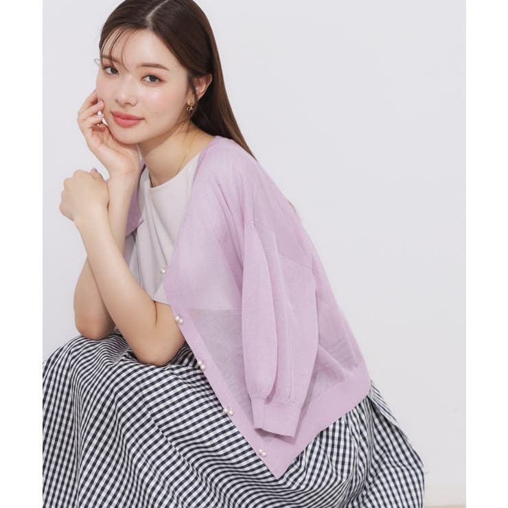 【前後2WAY・二の腕カバー】ダブルパール調釦5分袖シアーカーディガントップス | Couture brooch | 詳細画像46 