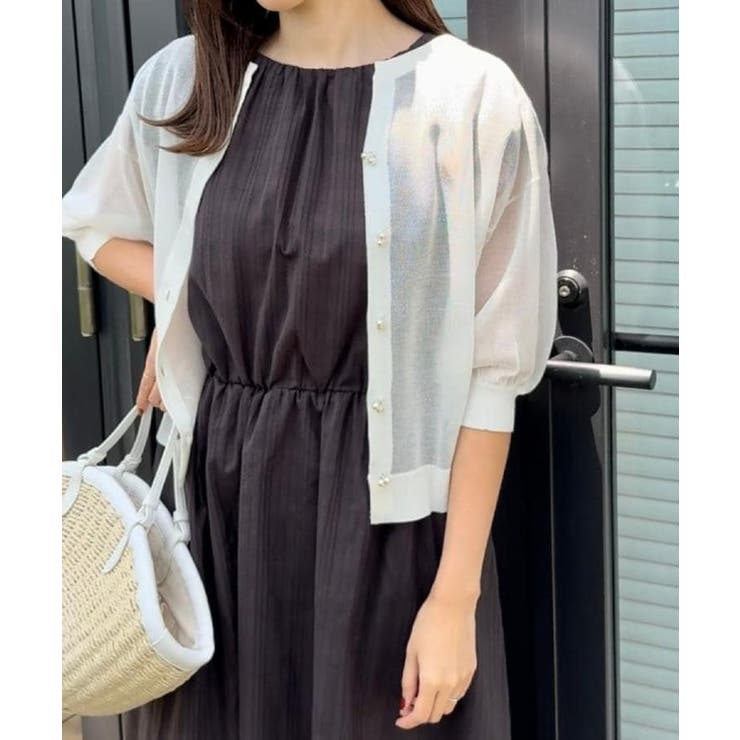 【前後2WAY・二の腕カバー】ダブルパール調釦5分袖シアーカーディガントップス | Couture brooch | 詳細画像17 