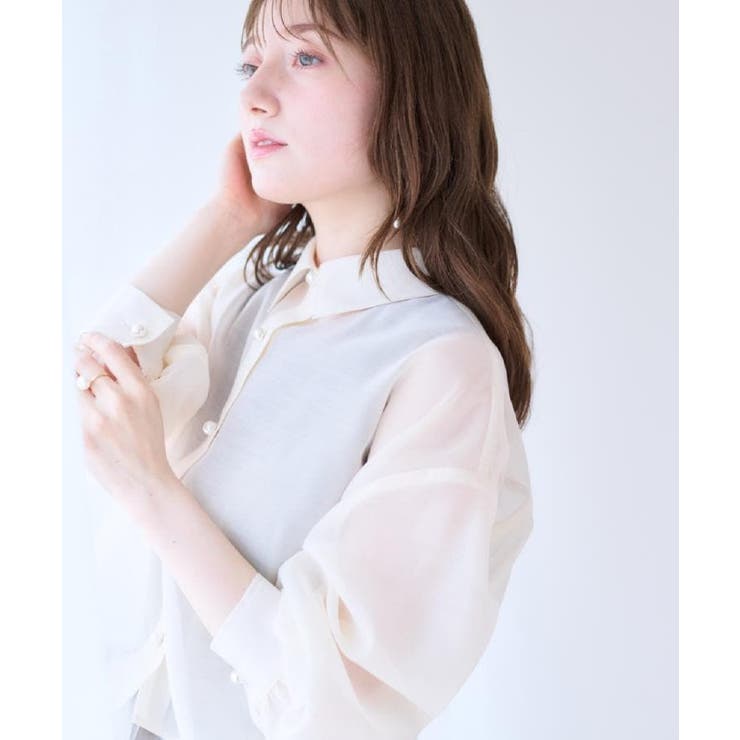 【洗える・オシャレな透け感】パール調ボタンシアーシャツ | Couture brooch | 詳細画像13 