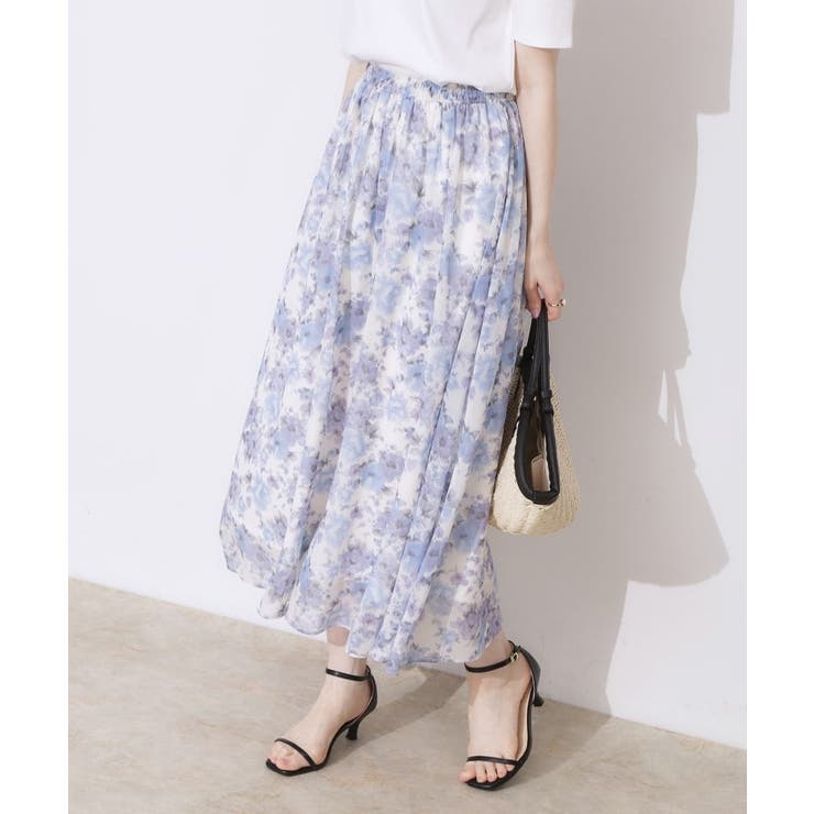 ブルー(191) | 【華やか・ウエストゴム】かすれプリント楊柳スカート | Couture brooch