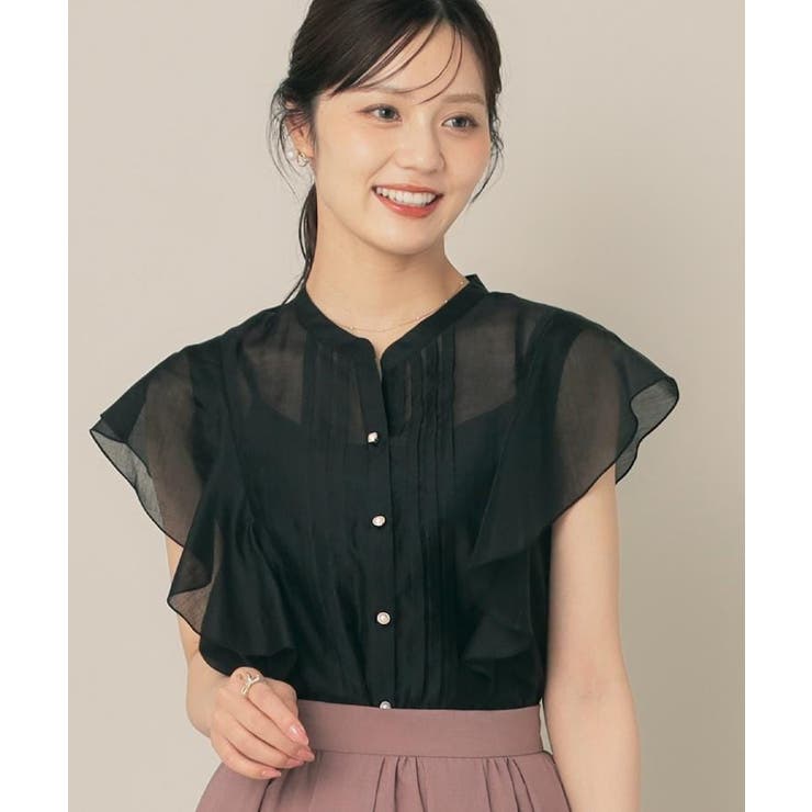 ブラック(019) | 【洗える・オシャレな透け感】タックデザインフレア袖シアーブラウス | Couture brooch