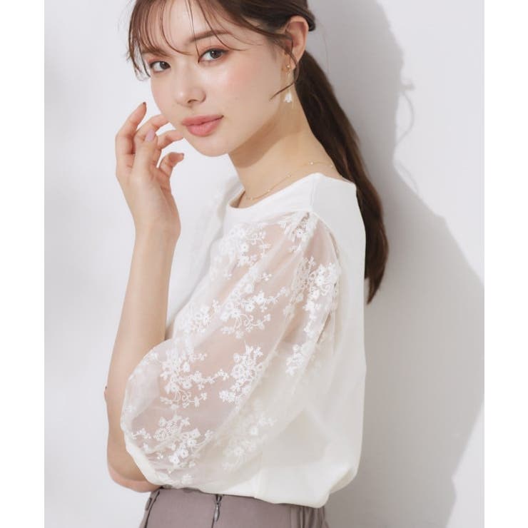 【接触冷感・UV・マシンウォッシャブル】袖レースデザイントップス | Couture brooch | 詳細画像6 
