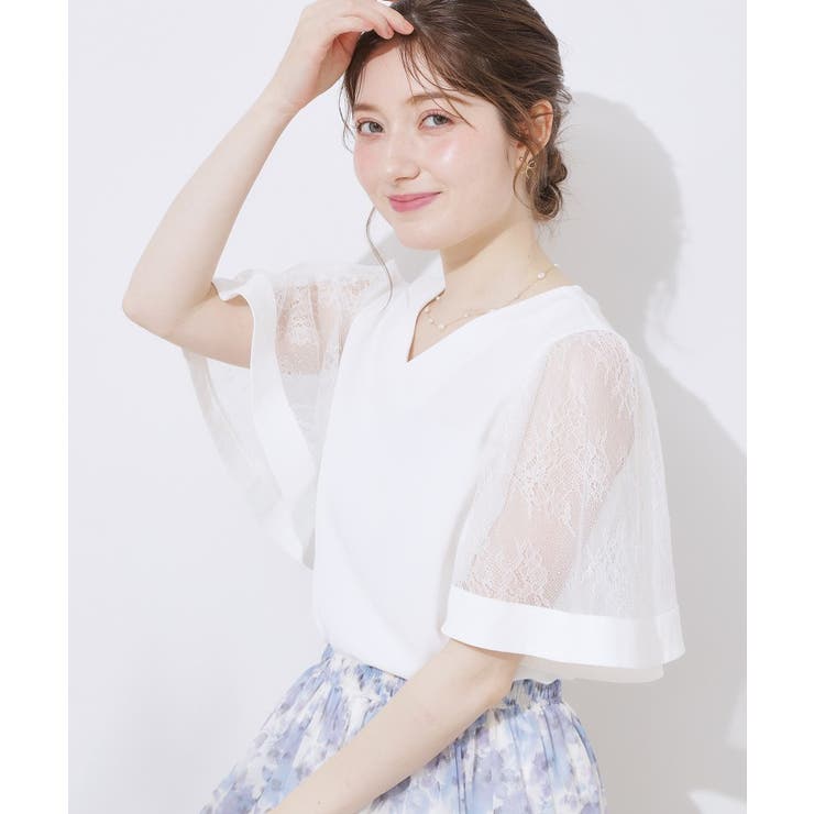 【マシンウォッシャブル・シアー・細見え】Vネック袖レースフレアブラウス | Couture brooch | 詳細画像5 