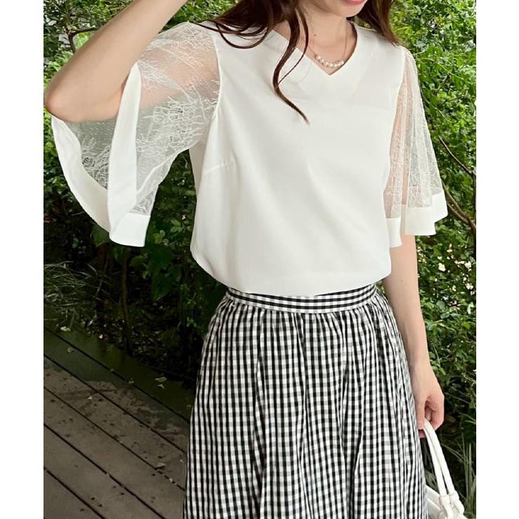 【マシンウォッシャブル・シアー・細見え】Vネック袖レースフレアブラウス | Couture brooch | 詳細画像10 