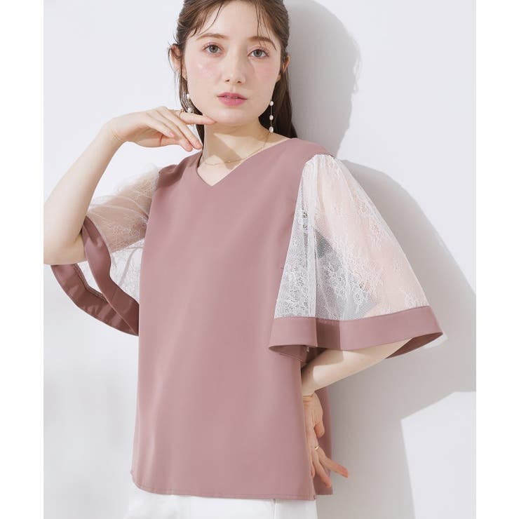 マシンウォッシャブル・シアー・細見え】Vネック袖レースフレア