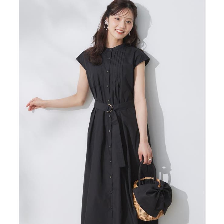 ブラック(019) | 【Aライン・細見え】フロントタックシャツワンピース | Couture brooch