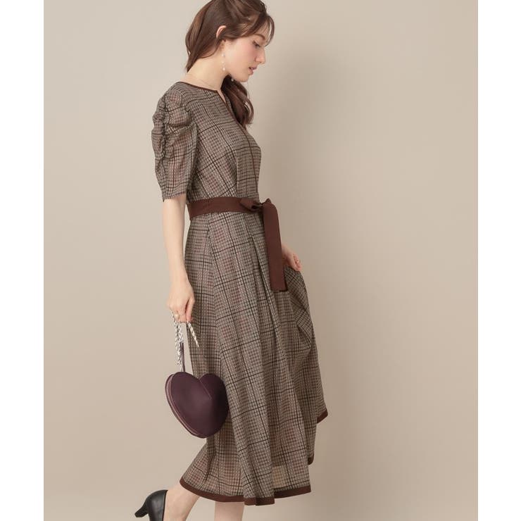 美シルエット・5分袖】シアーチェックオーガンワンピース[品番