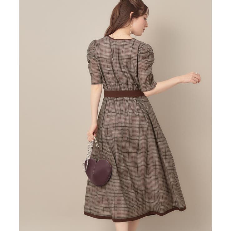 美シルエット・5分袖】シアーチェックオーガンワンピース[品番