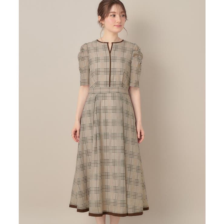 美シルエット・5分袖】シアーチェックオーガンワンピース[品番