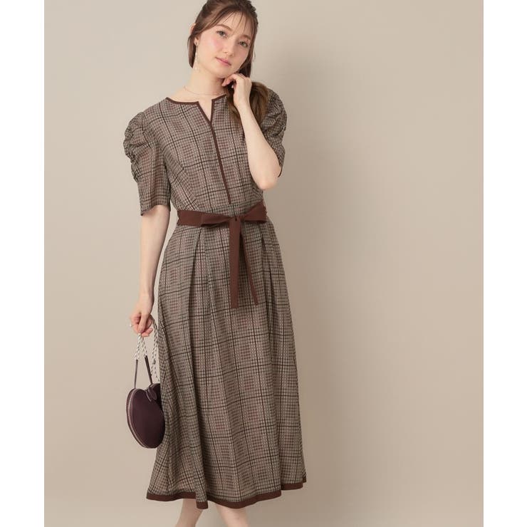 美シルエット・5分袖】シアーチェックオーガンワンピース[品番