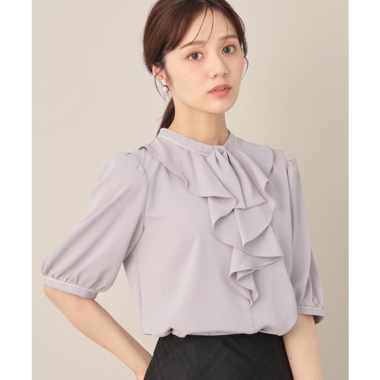 グレー(512) | 【華やか・5分袖・通勤】配色フリルタイブラウス | Couture brooch