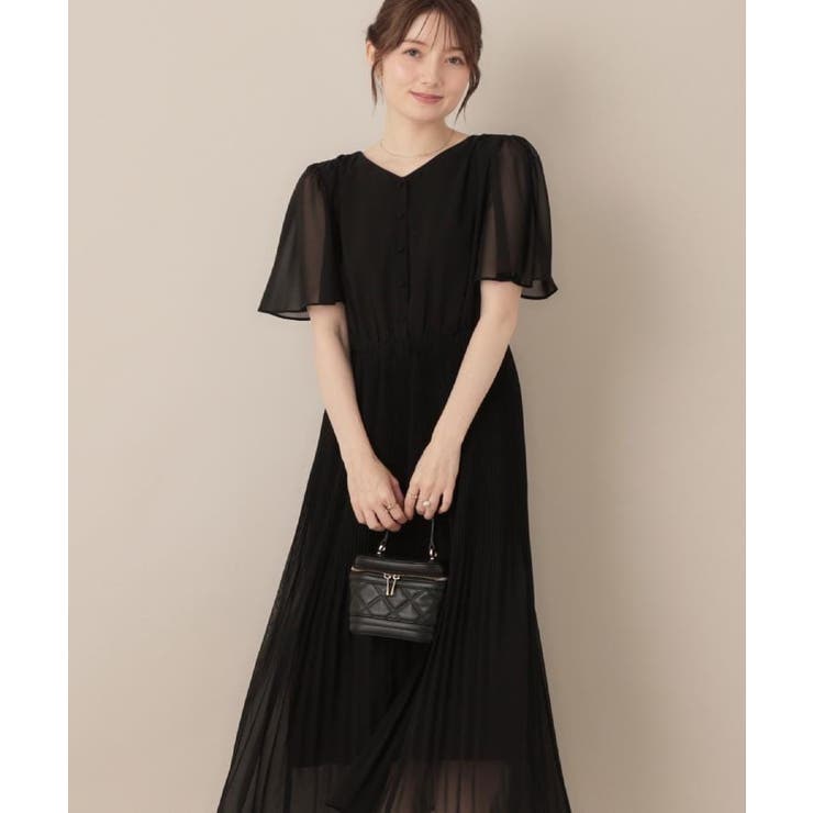 ブラック(019) | 【二の腕カバー・楽ちん・通勤】シフォンプリーツワンピース | Couture brooch