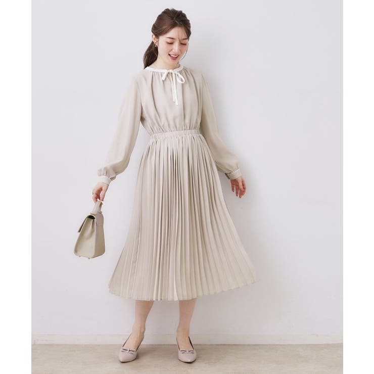 【ハレの日・通勤】配色シフォンプリーツ ワンピース | Couture brooch | 詳細画像1 