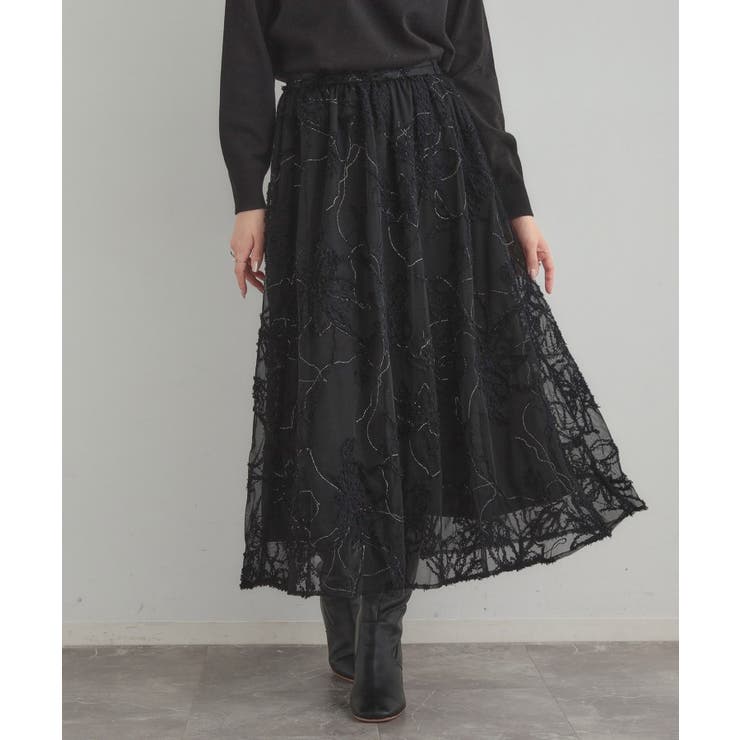 ブラック(419) | 【通勤】ラメ刺繍ブークレチュールスカート | Couture brooch