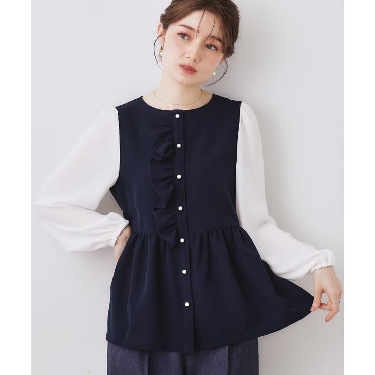ネイビー(094) | フロントフリルドッキングペプラムブラウス | Couture brooch