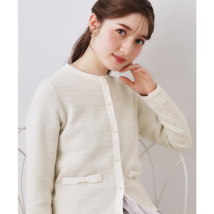 アイボリー(404) | 【ハレの日・通勤】ラメツイード ニットカーディガン | Couture brooch