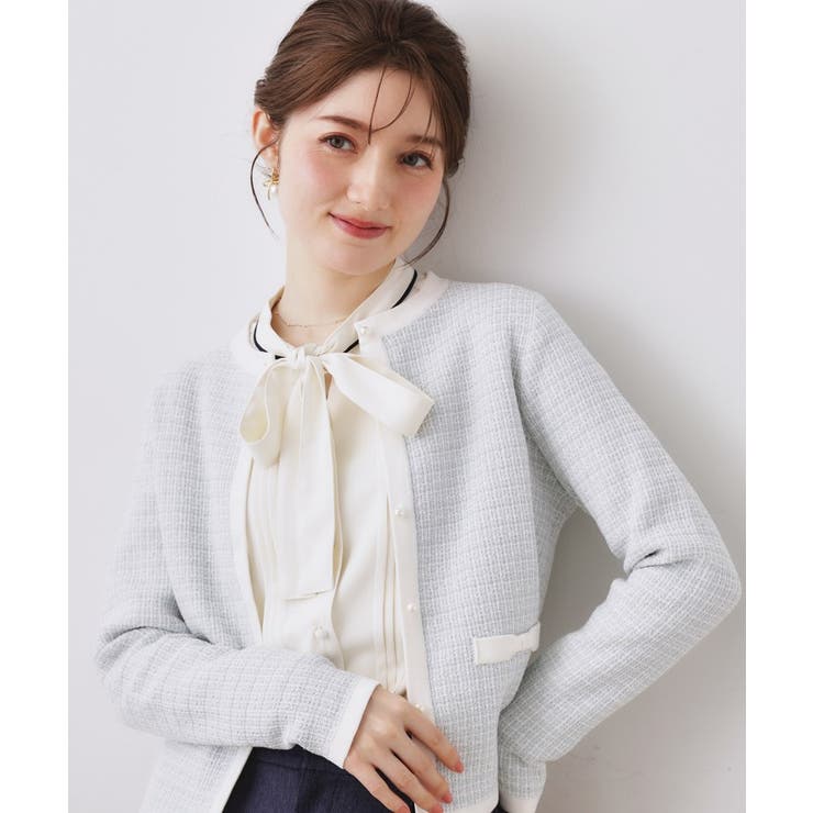 サックスブルー(490) | 【ハレの日・通勤】ラメツイード ニットカーディガン | Couture brooch