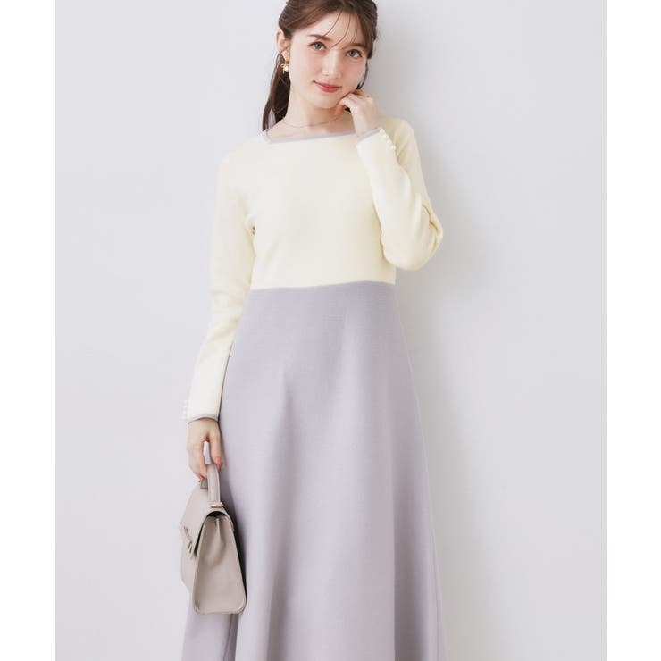 【ハレの日・通勤】スクエアネック バイカラー ニットワンピース | Couture brooch | 詳細画像6 