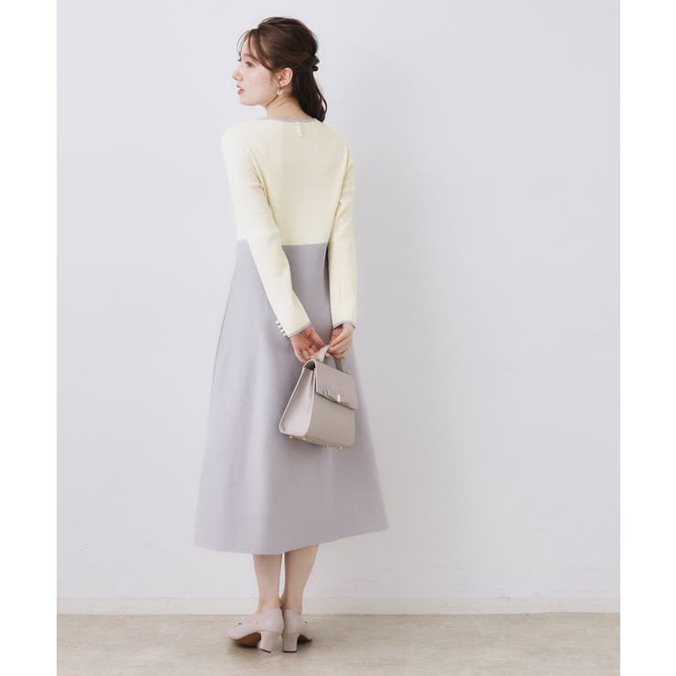 【ハレの日・通勤】スクエアネック バイカラー ニットワンピース | Couture brooch | 詳細画像3 