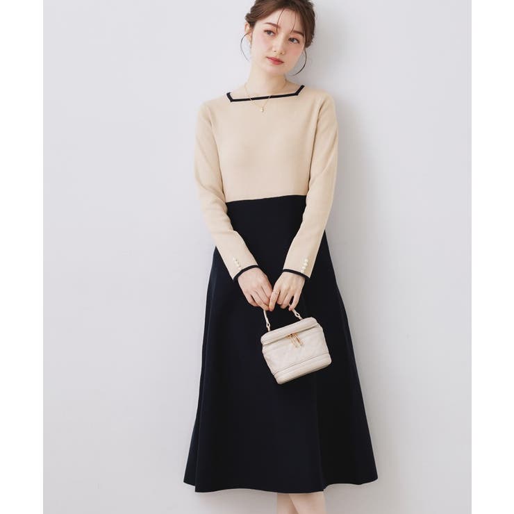 【ハレの日・通勤】スクエアネック バイカラー ニットワンピース | Couture brooch | 詳細画像22 