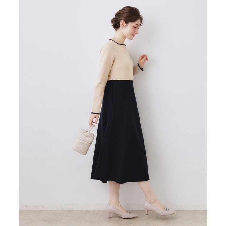 【ハレの日・通勤】スクエアネック バイカラー ニットワンピース | Couture brooch | 詳細画像17 