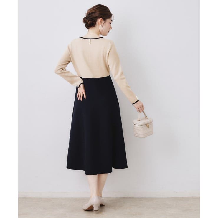 【ハレの日・通勤】スクエアネック バイカラー ニットワンピース | Couture brooch | 詳細画像18 