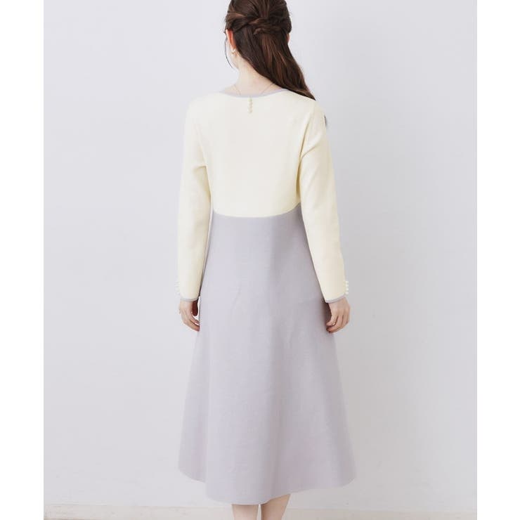 【ハレの日・通勤】スクエアネック バイカラー ニットワンピース | Couture brooch | 詳細画像37 